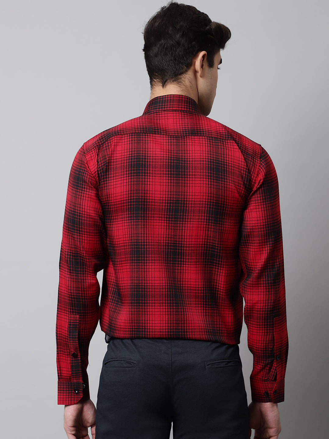 Jainish Men's Red Checks Regular Fit Cotton Formal Shirt