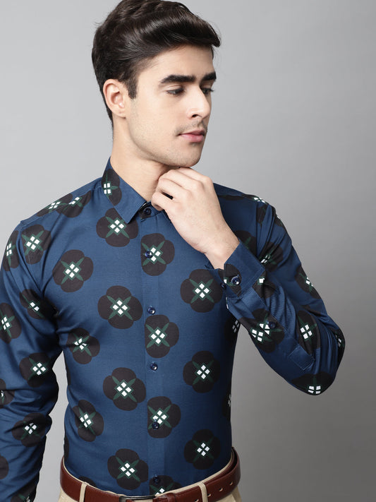 Jainish Men's Blue Classic Printed Formal Shirt