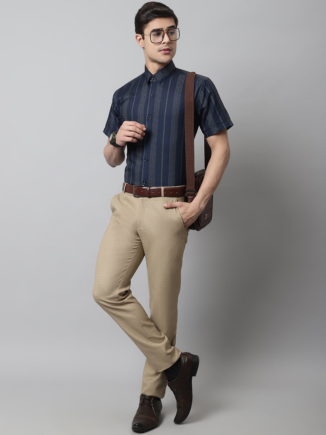 Jainish Men's Navy Blue Classic Printed Formal Shirt