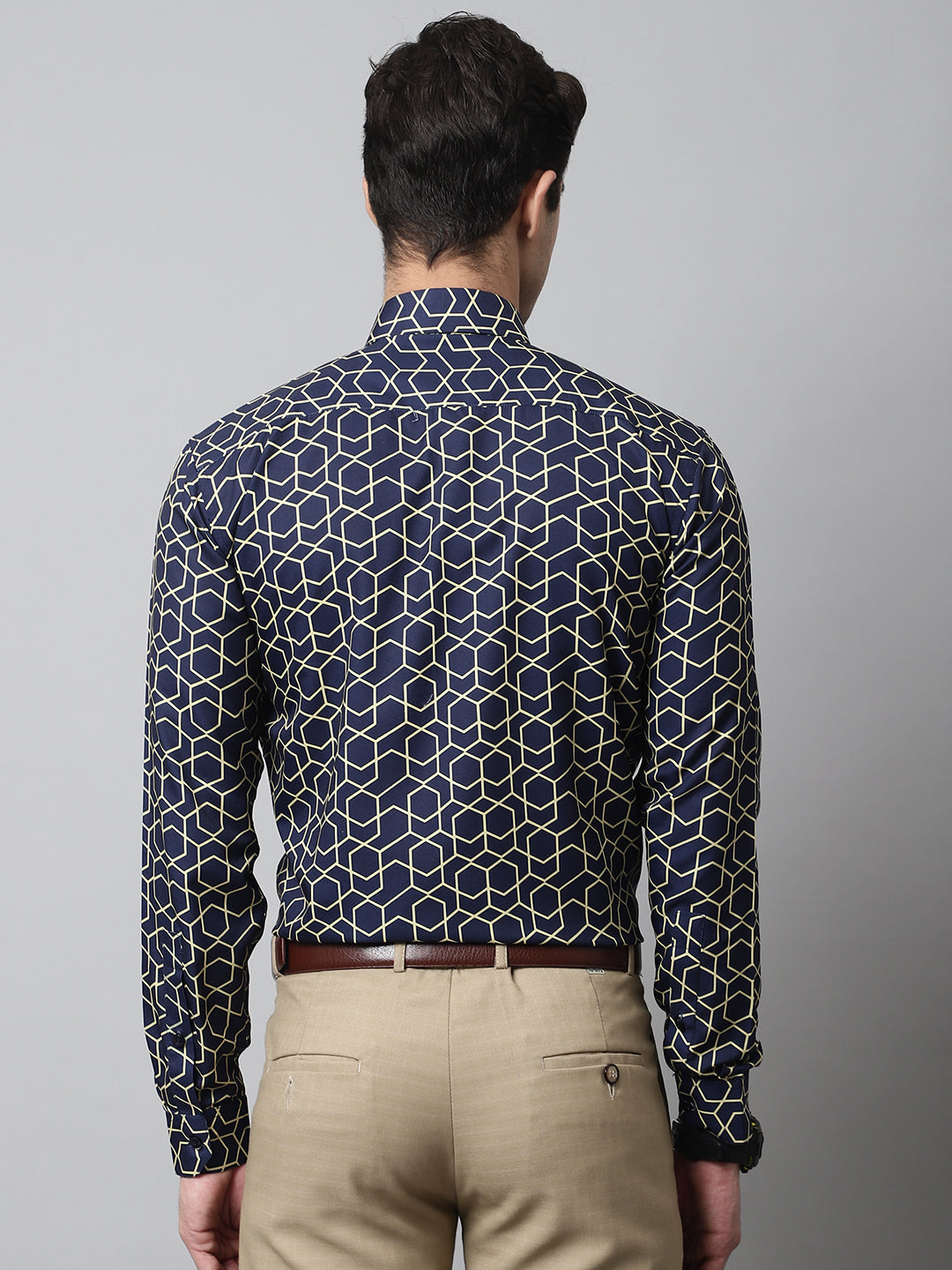 Jainish Men's Navy Blue Classic Printed Formal Shirt