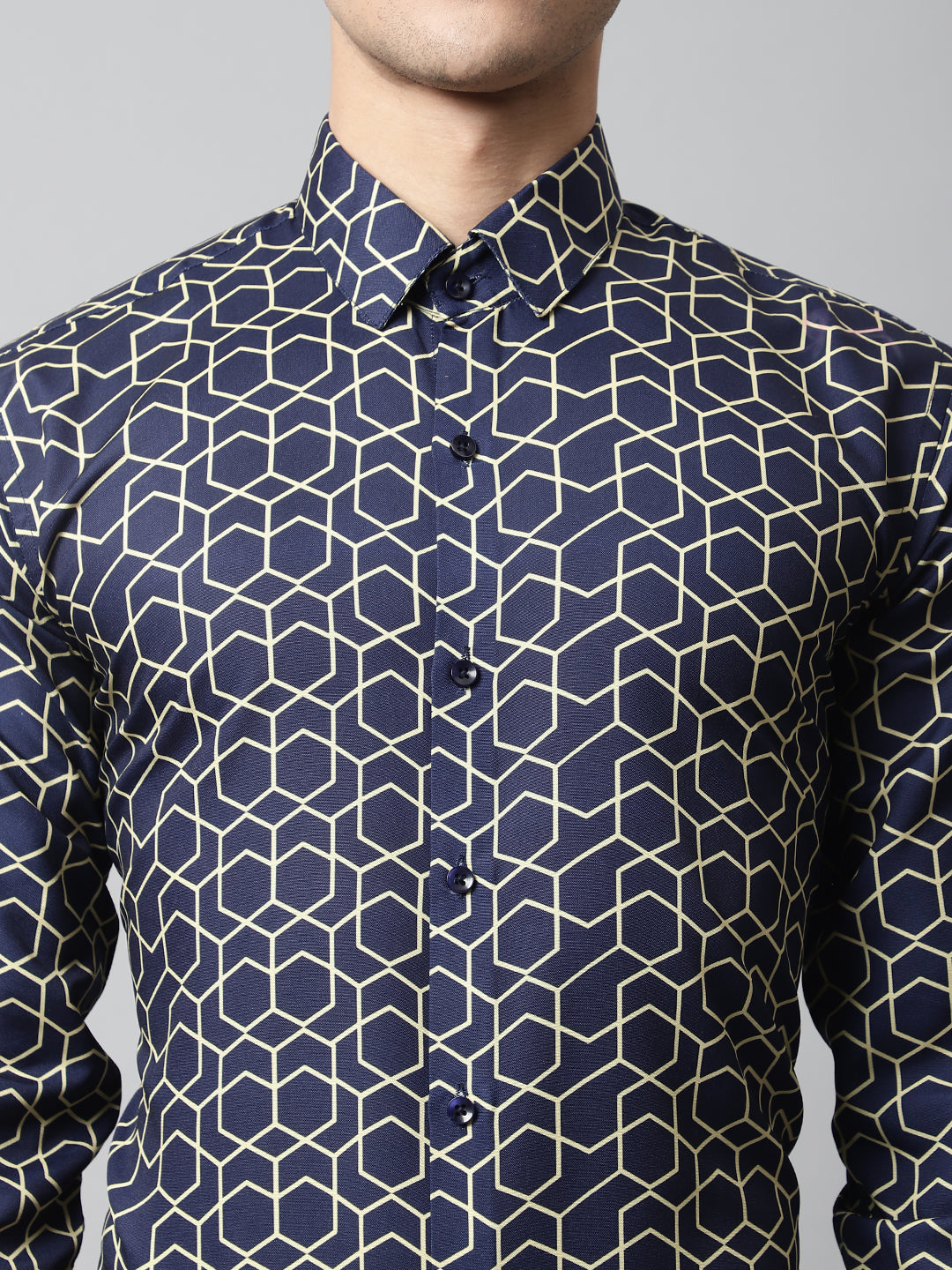 Jainish Men's Navy Blue Classic Printed Formal Shirt