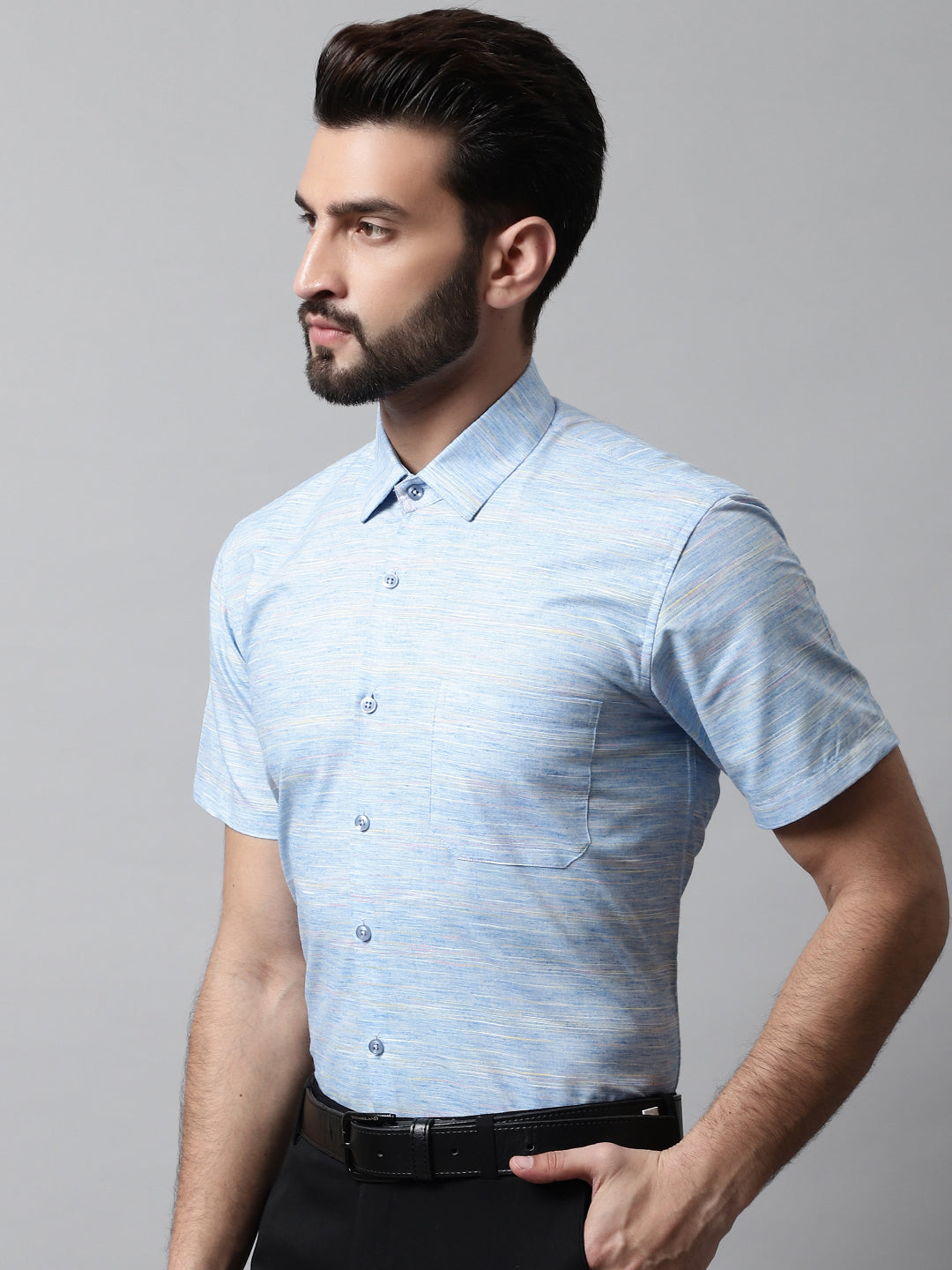 Jainish Men's Blue Woven Design Short Sleeves Formal Shirt