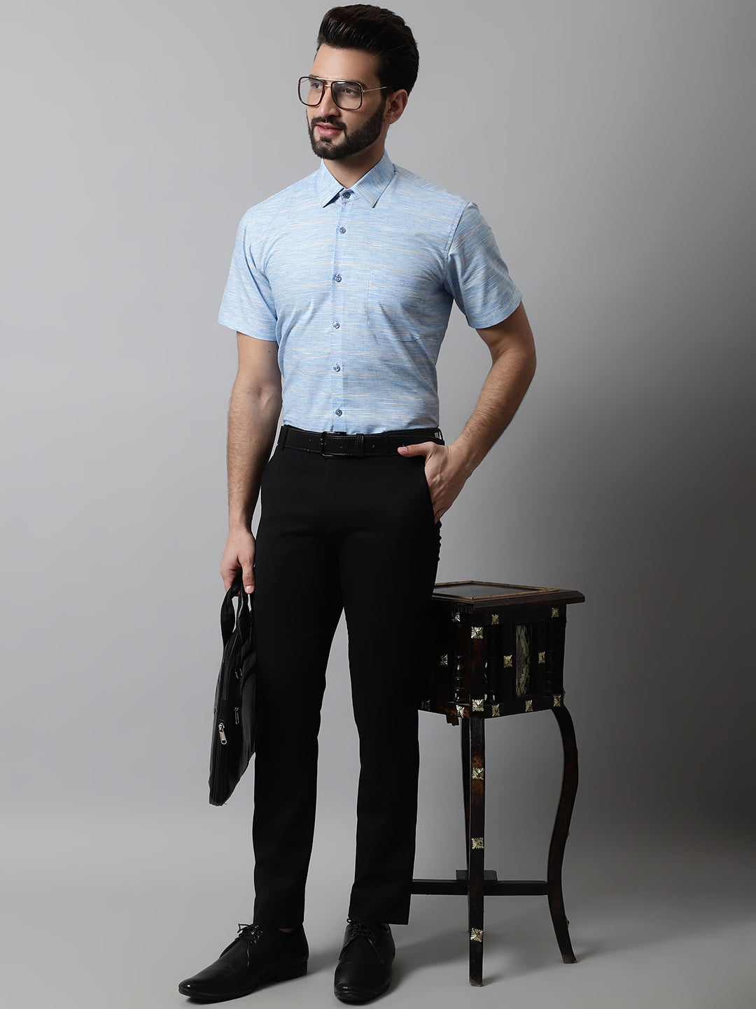 Jainish Men's Blue Woven Design Short Sleeves Formal Shirt
