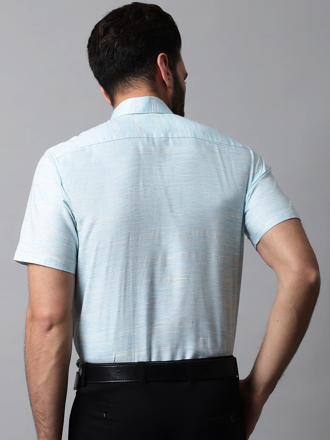 Jainish Men's Sky Blue Woven Design Short Sleeves Formal Shirt