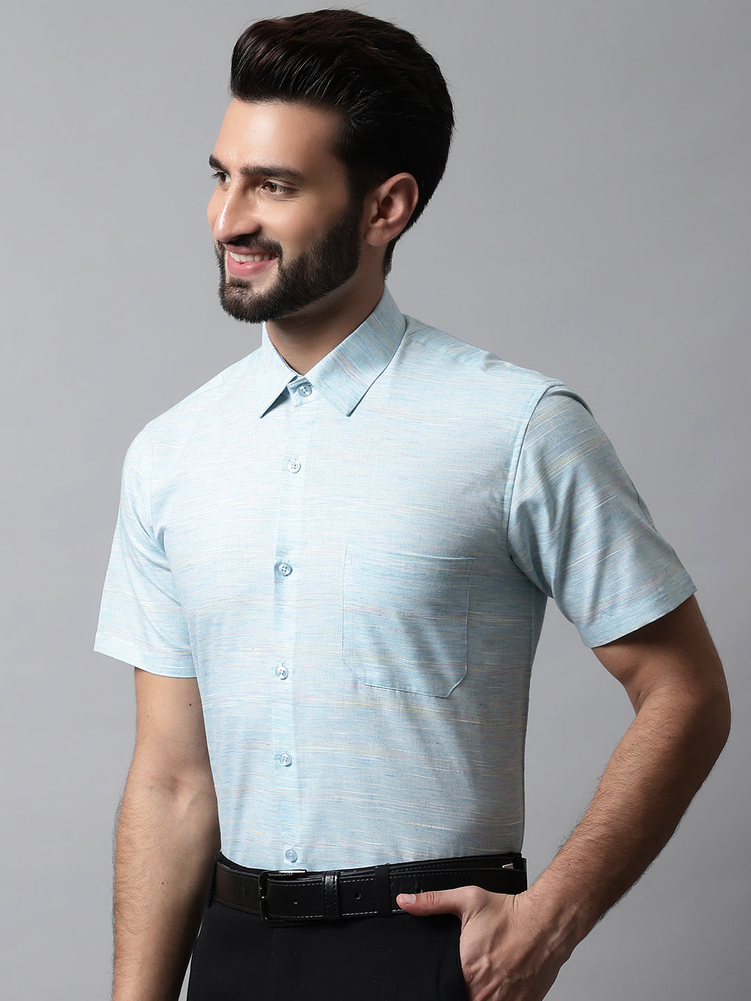 Jainish Men's Sky Blue Woven Design Short Sleeves Formal Shirt