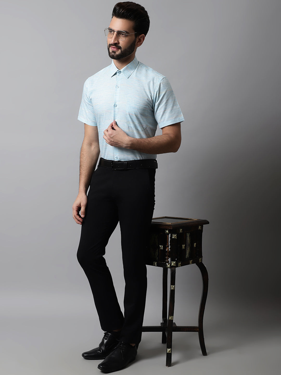 Jainish Men's Sky Blue Woven Design Short Sleeves Formal Shirt