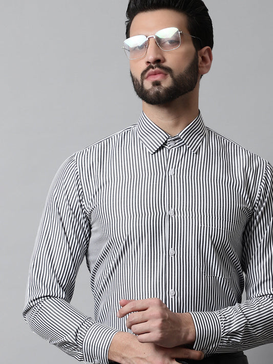 Jainish Men's Black & White Regular Fit Striped Formal Shirt