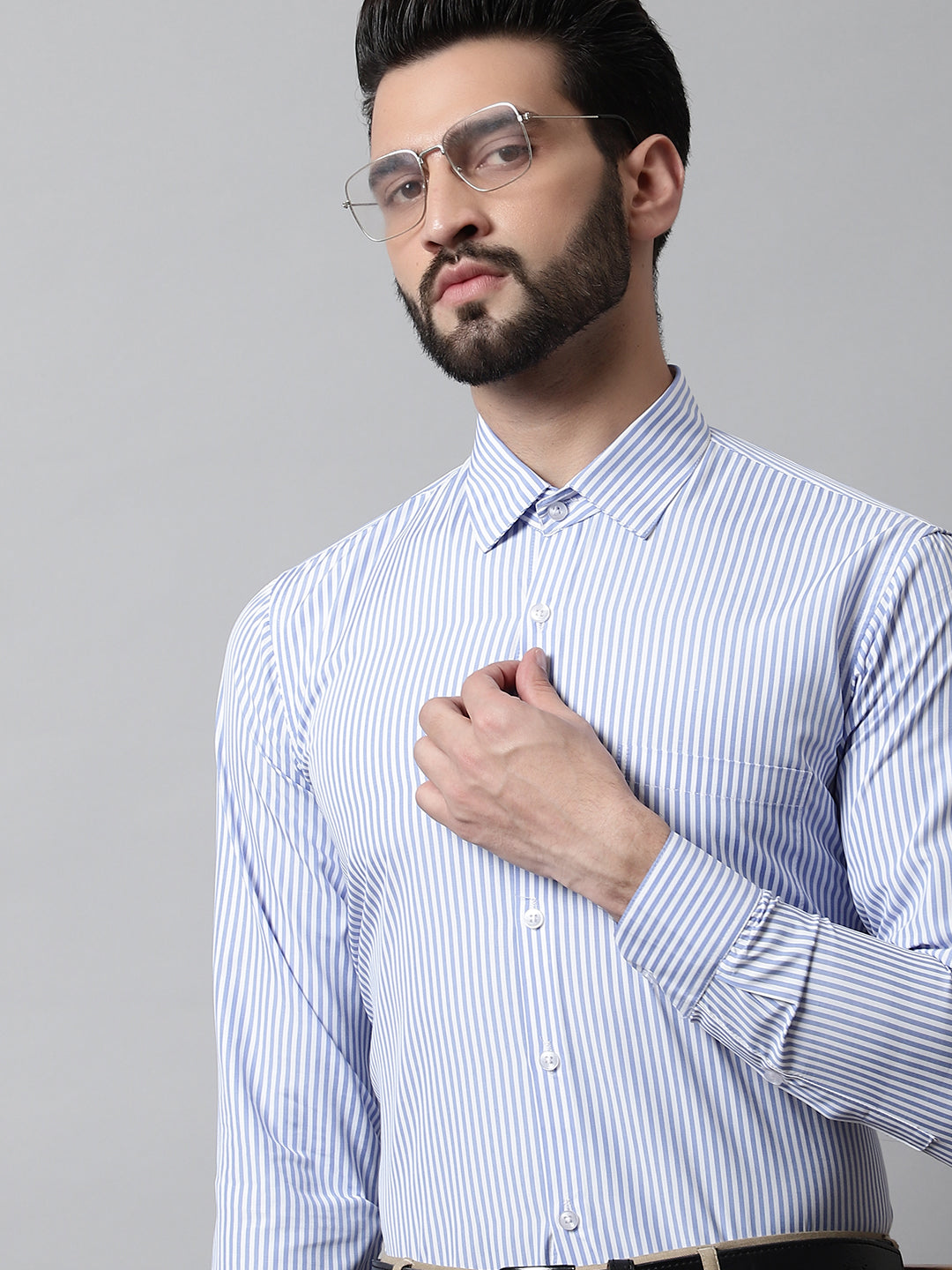 Jainish Men's Blue & White Regular Fit Striped Formal Shirt