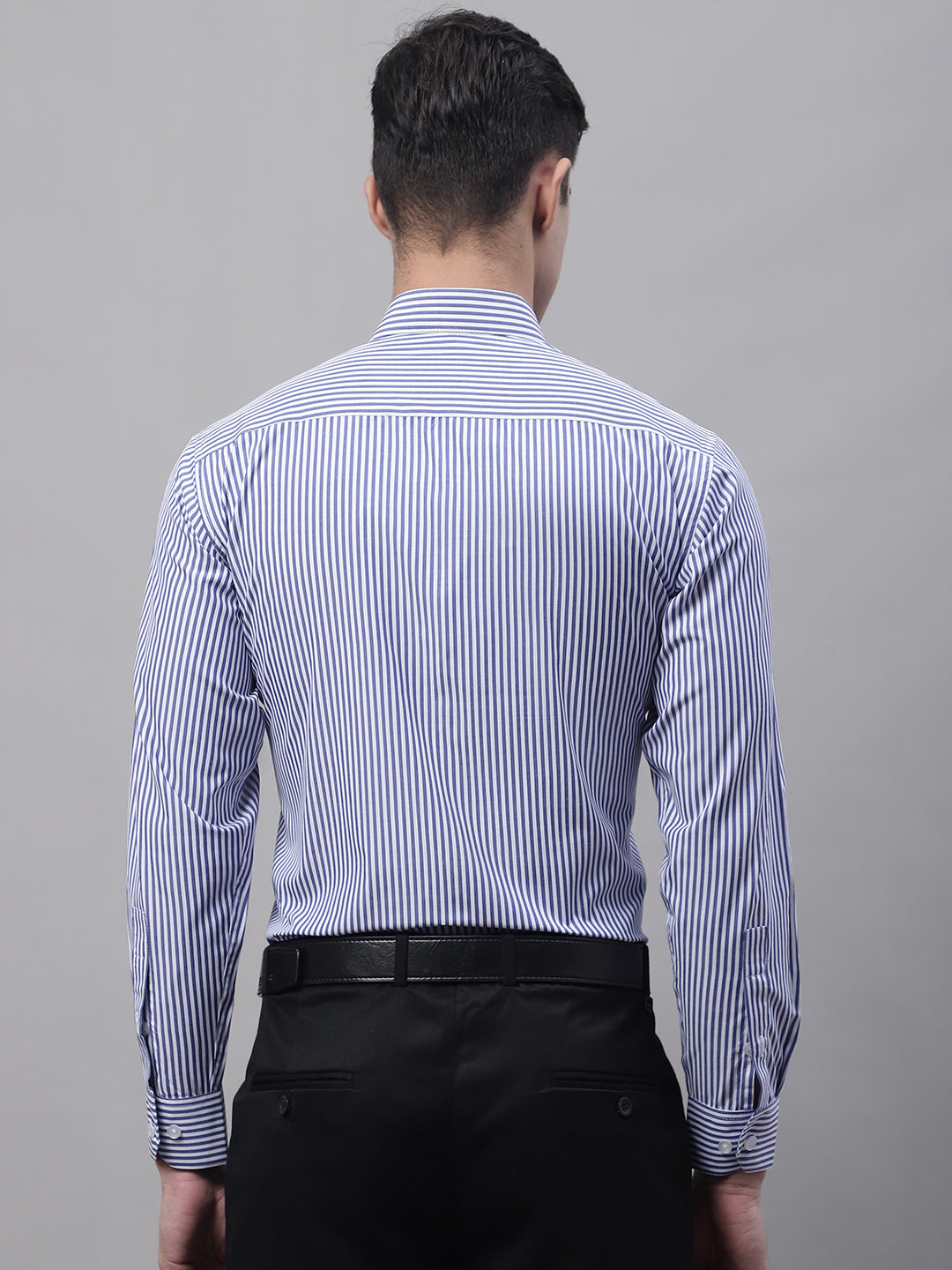 Jainish Men's Navy Blue & White Regular Fit Striped Formal Shirt