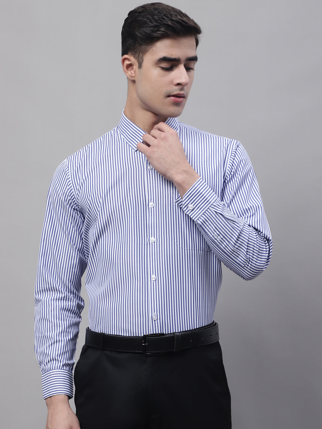 Jainish Men's Navy Blue & White Regular Fit Striped Formal Shirt