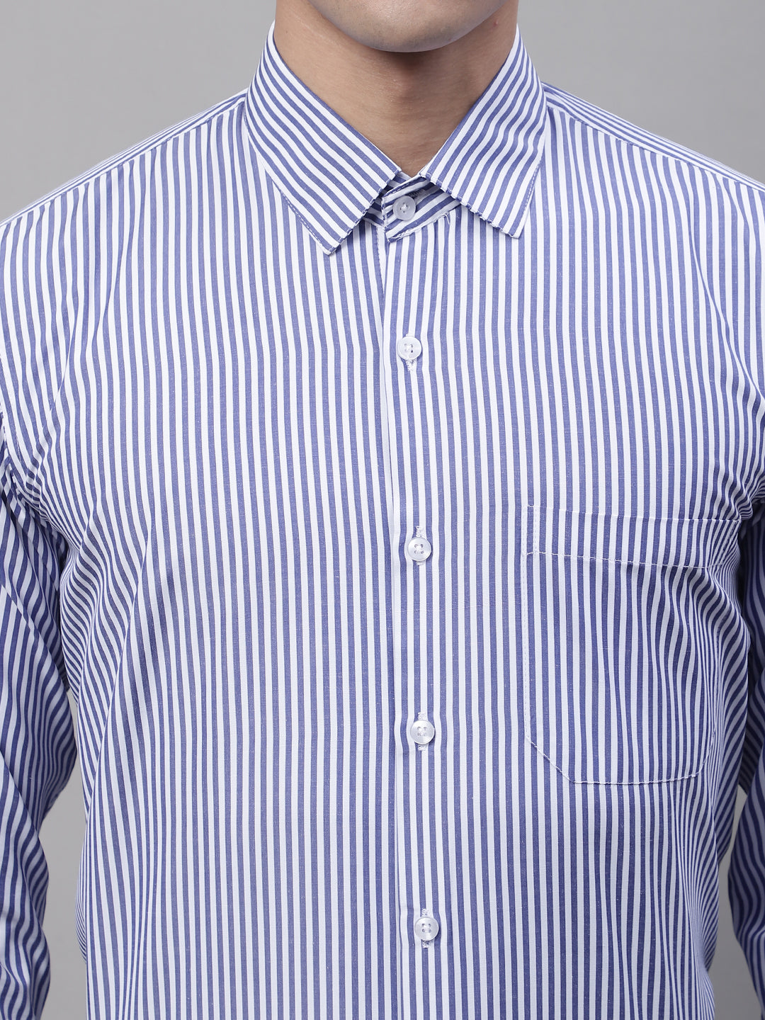Jainish Men's Navy Blue & White Regular Fit Striped Formal Shirt