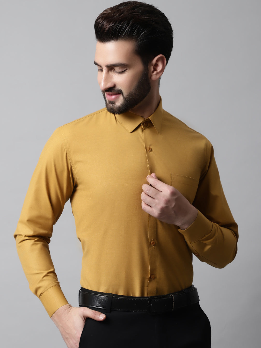Jainish Men's Mustard Classic Slim Fit Solid Formal Shirt