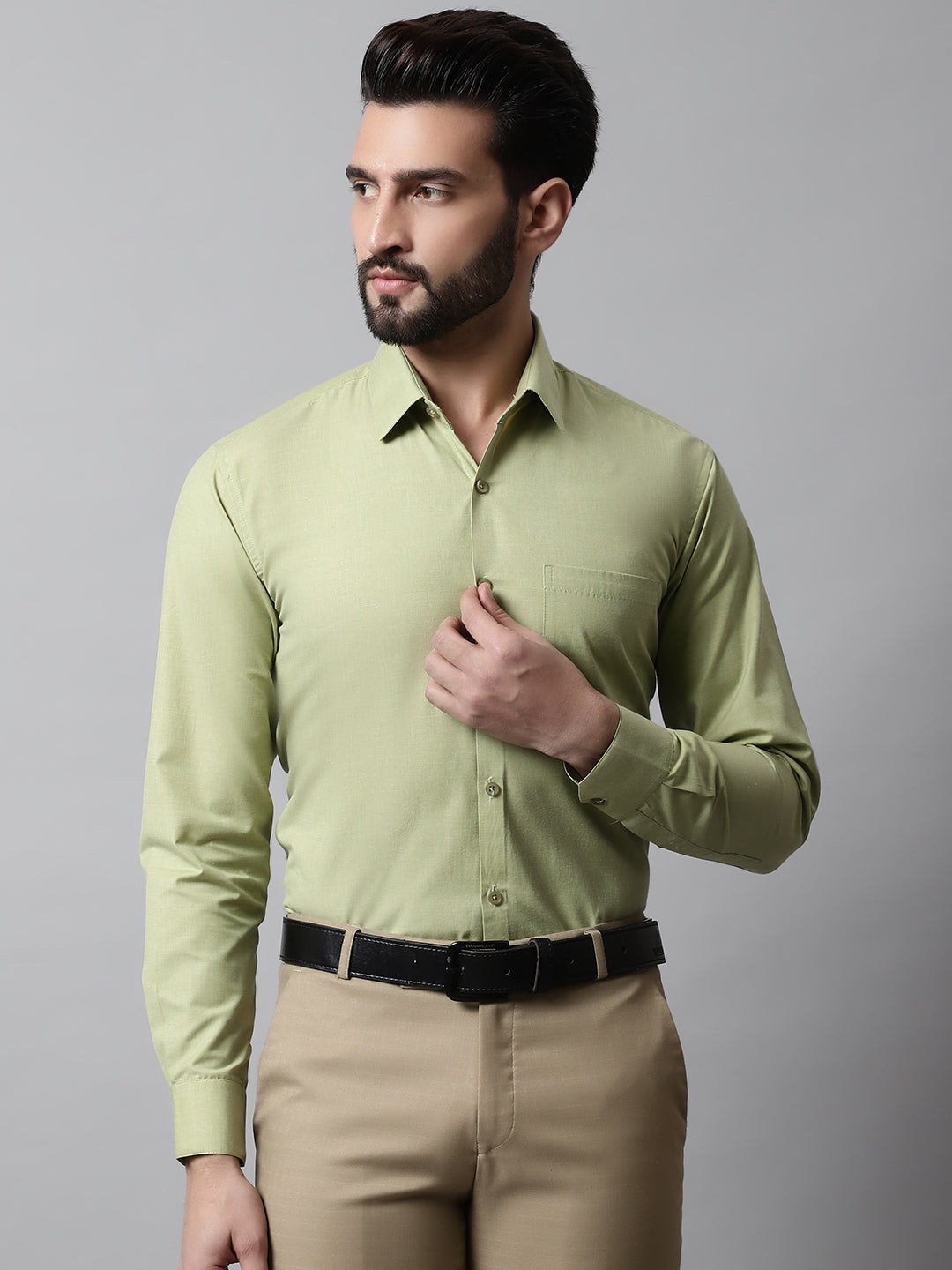 Jainish Men's Pista Green Classic Slim Fit Solid Formal Shirt