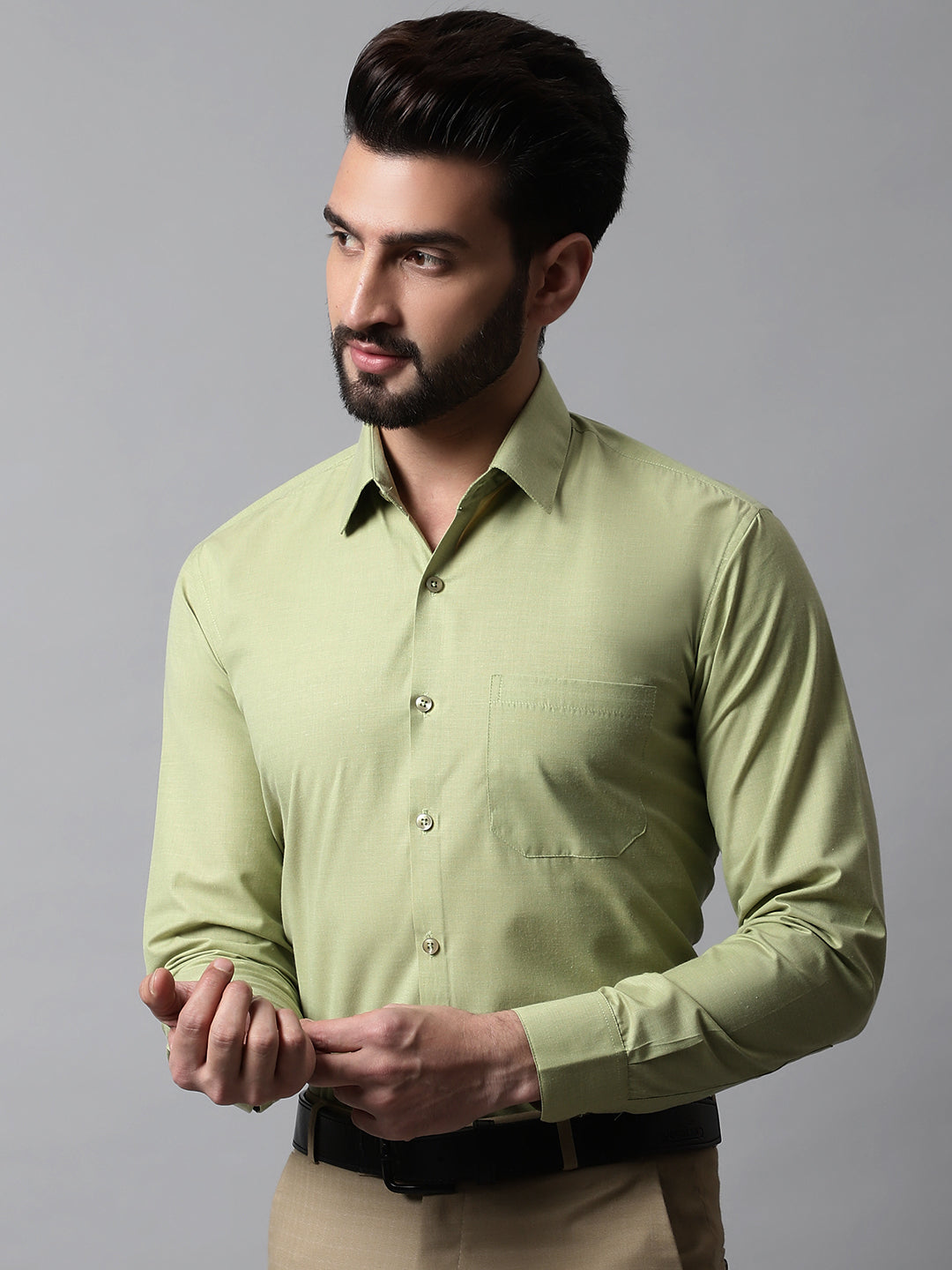 Jainish Men's Pista Green Classic Slim Fit Solid Formal Shirt