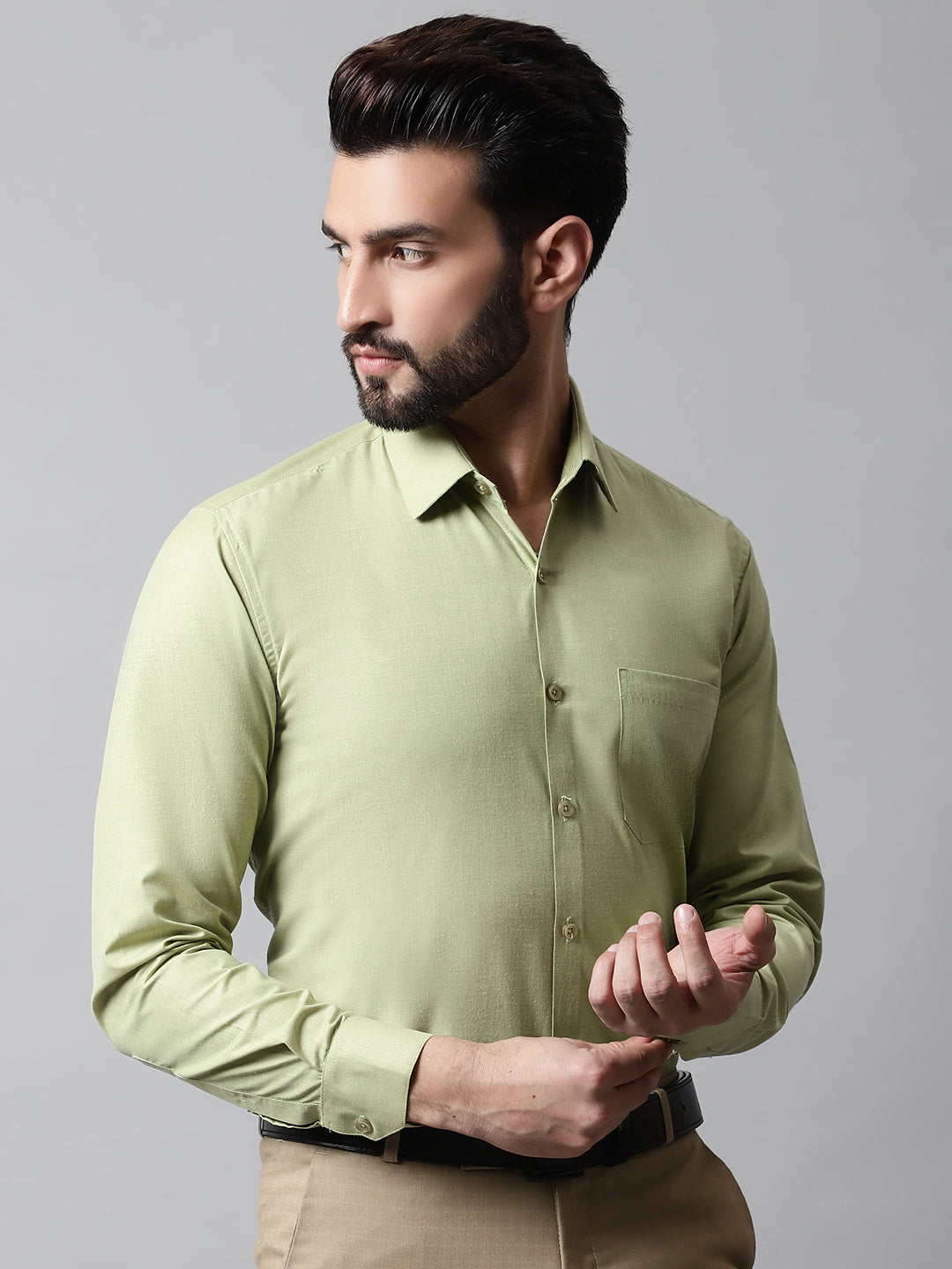 Jainish Men's Pista Green Classic Slim Fit Solid Formal Shirt