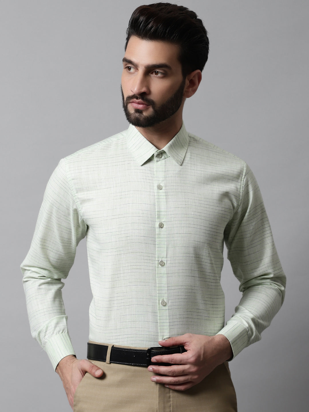 Jainish Men's Light-Green Cotton Classic Formal Shirt