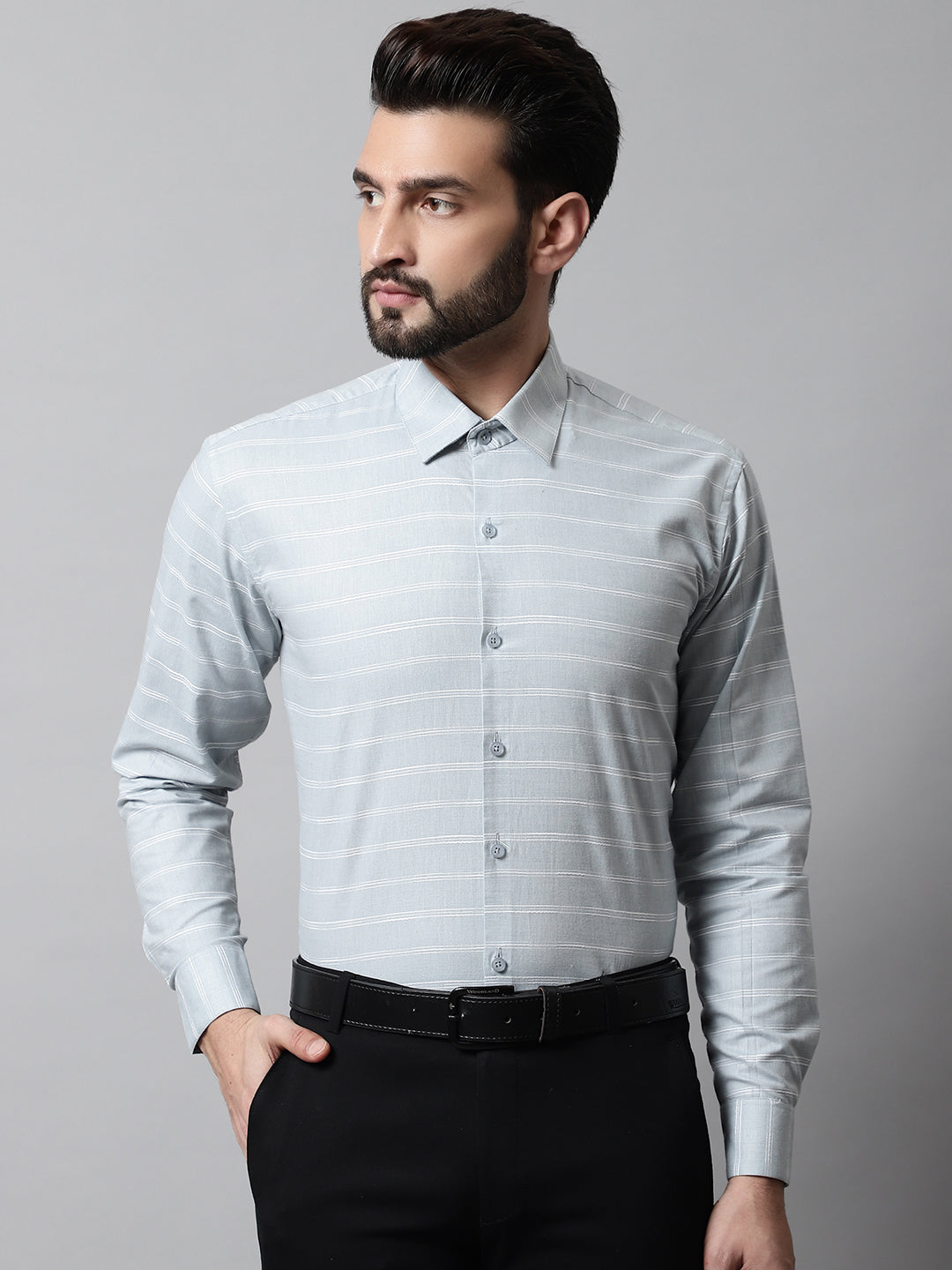 Jainish Men's Grey Classic Striped Formal Cotton Shirt