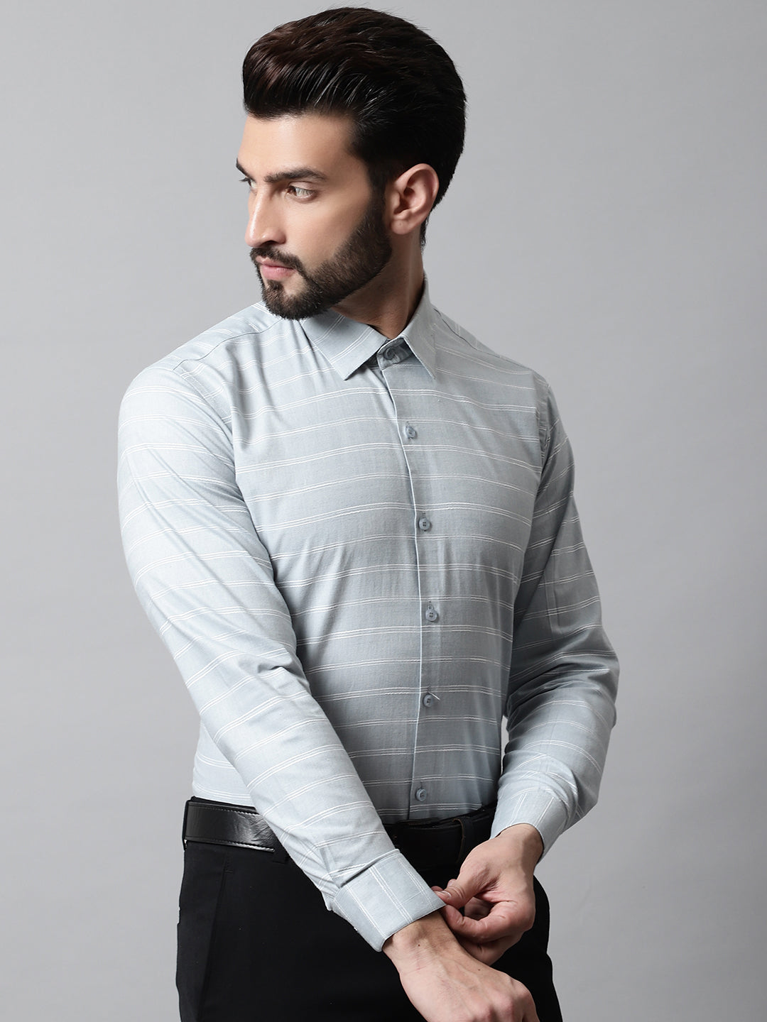 Jainish Men's Grey Classic Striped Formal Cotton Shirt