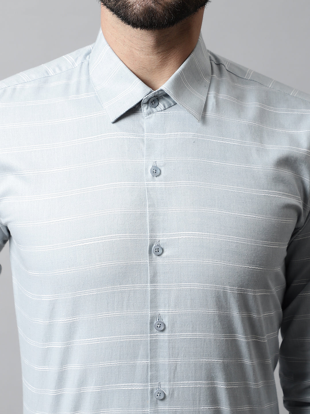Jainish Men's Grey Classic Striped Formal Cotton Shirt