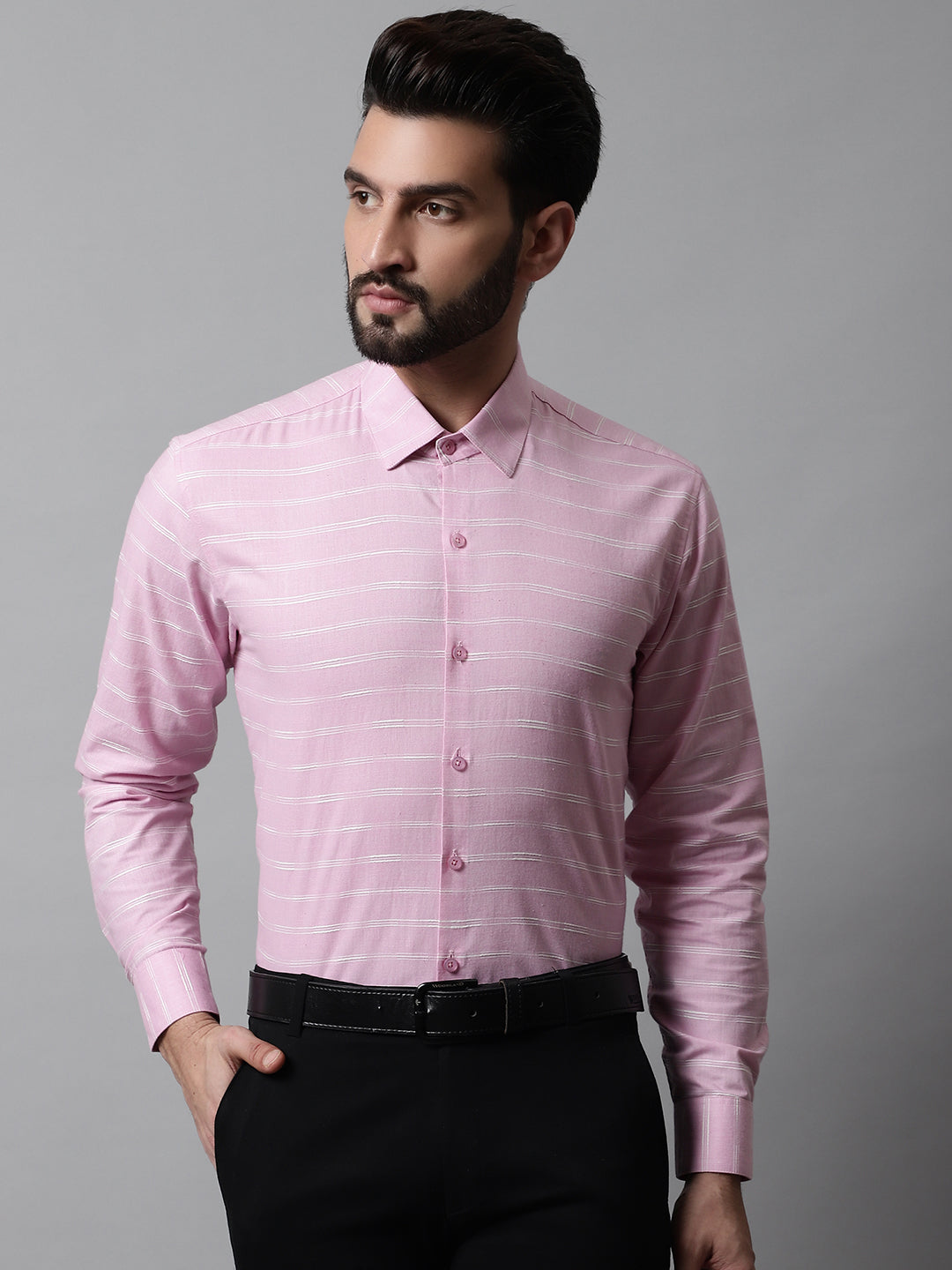 Jainish Men's Pink Classic Striped Formal Cotton Shirt