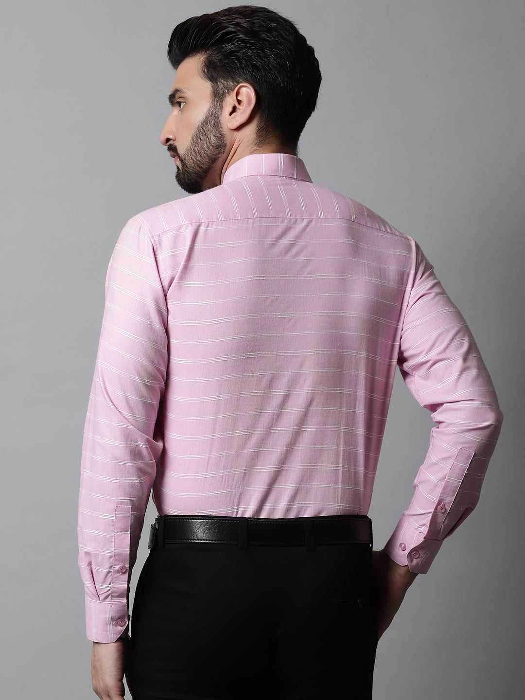 Jainish Men's Pink Classic Striped Formal Cotton Shirt