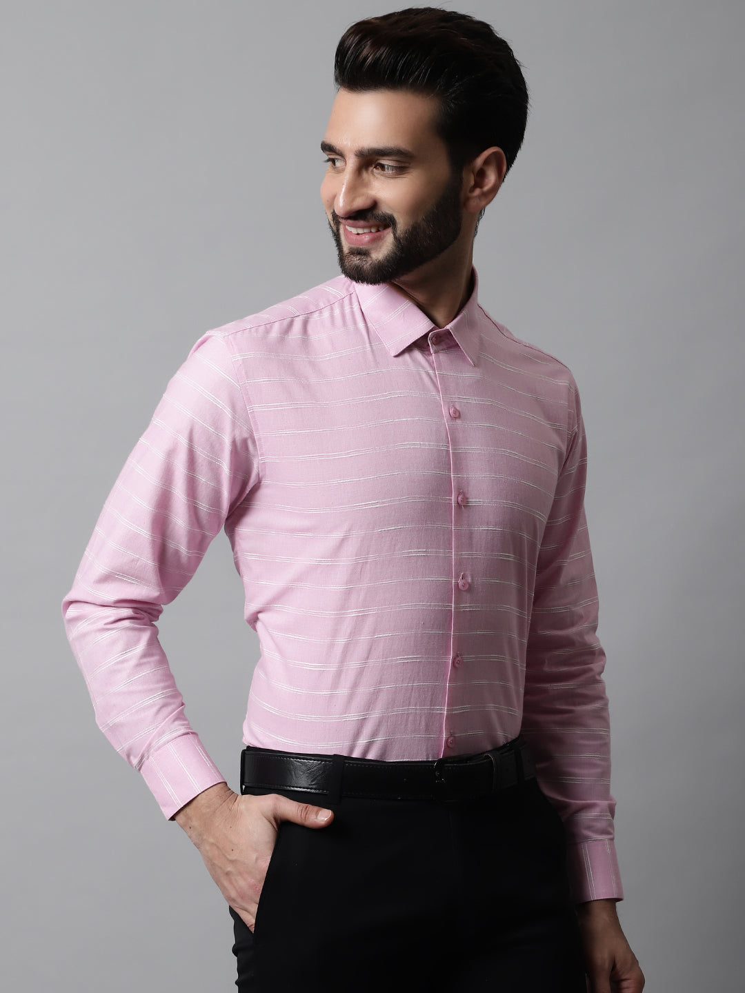 Jainish Men's Pink Classic Striped Formal Cotton Shirt