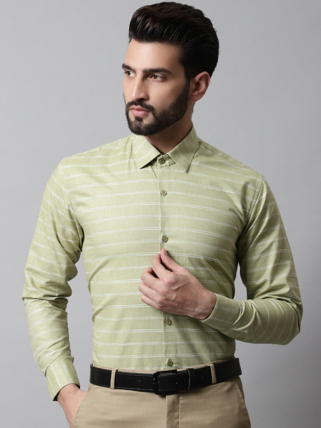 Jainish Men's Pista Green Classic Striped Formal Cotton Shirt