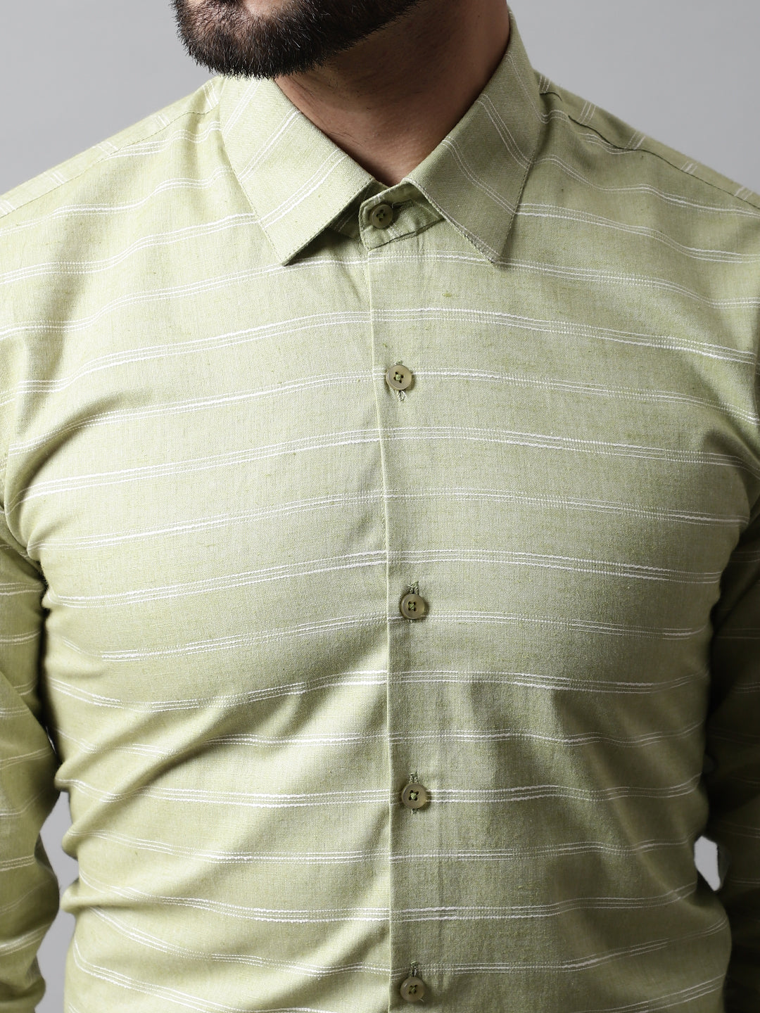 Jainish Men's Pista Green Classic Striped Formal Cotton Shirt