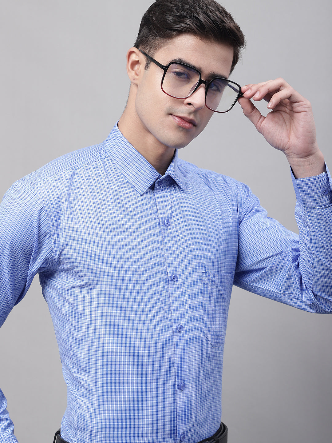 Jainish Men's Blue Micro Checked Formal Shirt