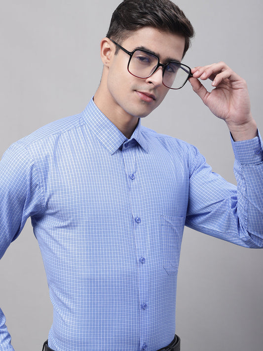 Jainish Men's Blue Micro Checked Formal Shirt
