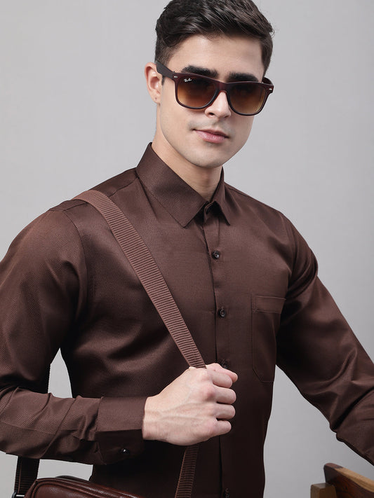 Jainish Men's Coffee Dobby Textured Formal Shirt