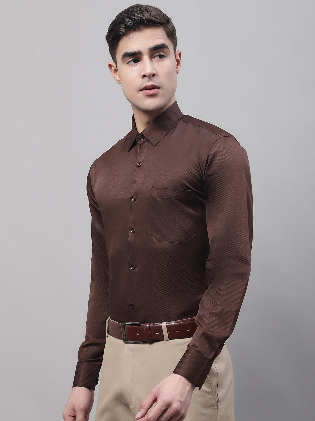 Jainish Men's Coffee Dobby Textured Formal Shirt
