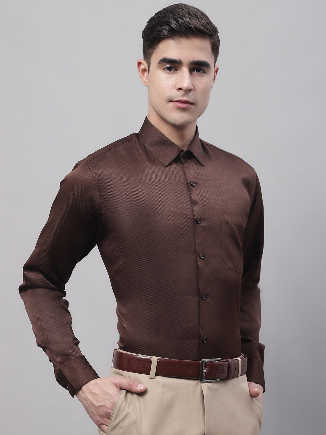 Jainish Men's Coffee Dobby Textured Formal Shirt
