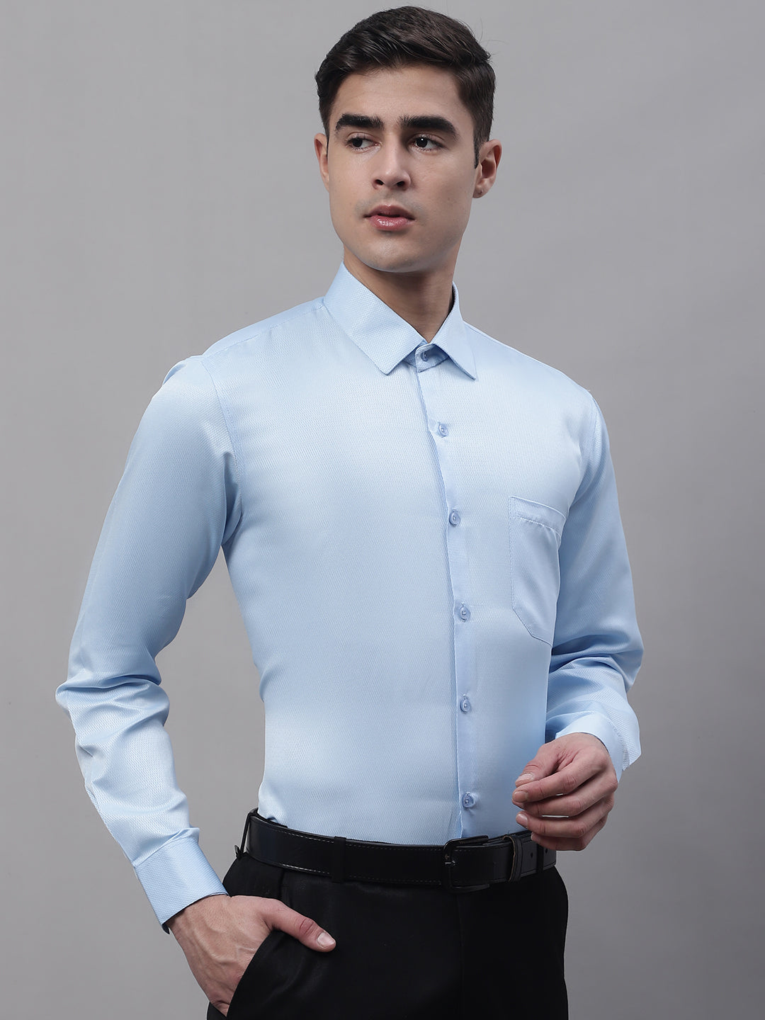 Jainish Men's Light-Blue Dobby Textured Formal Shirt