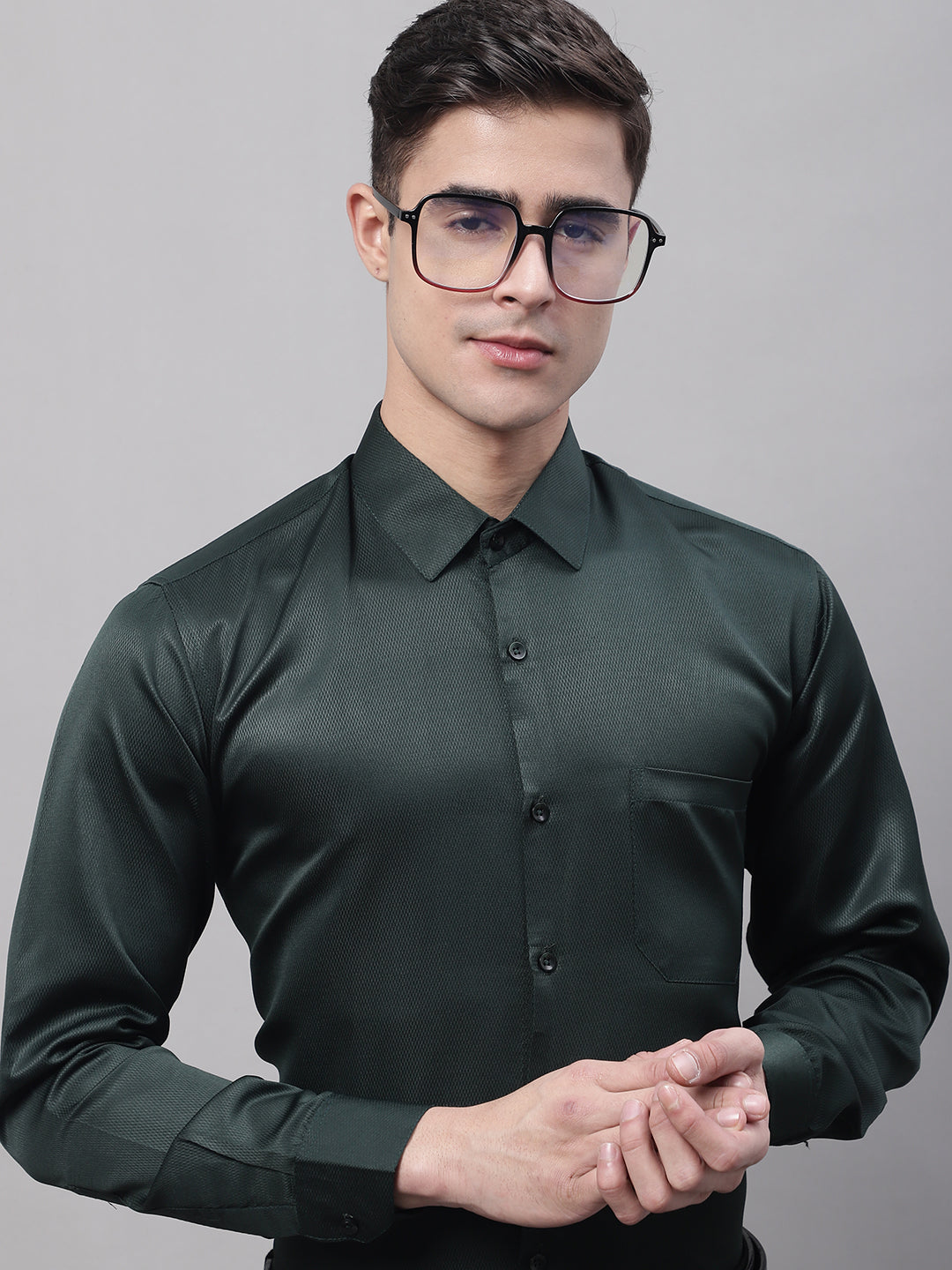 Jainish Men's Olive Green Dobby Textured Formal Shirt