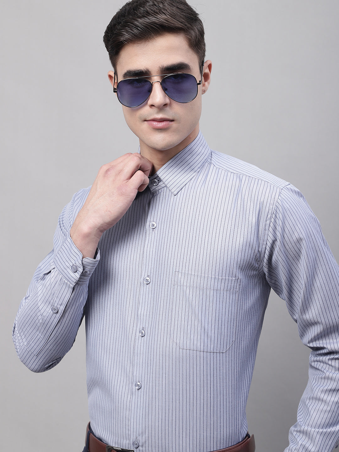 Jainish Men's Grey Vertical Striped Formal Shirt