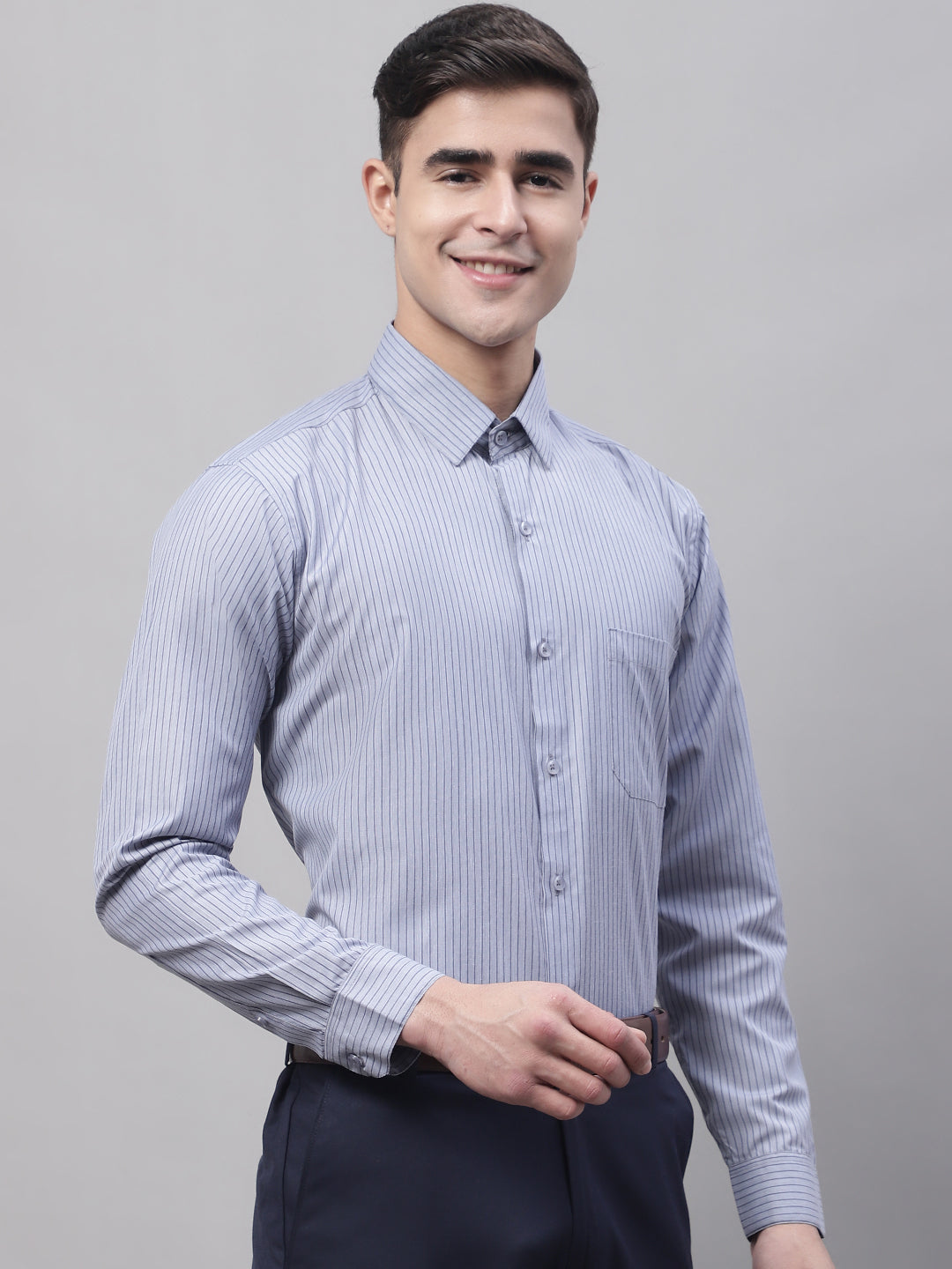 Jainish Men's Grey Vertical Striped Formal Shirt
