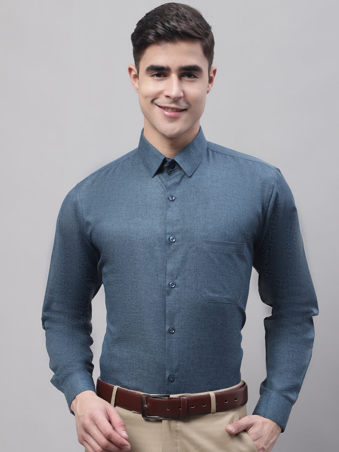 Jainish Men's Teal Blue Cotton Solid Formal Shirt