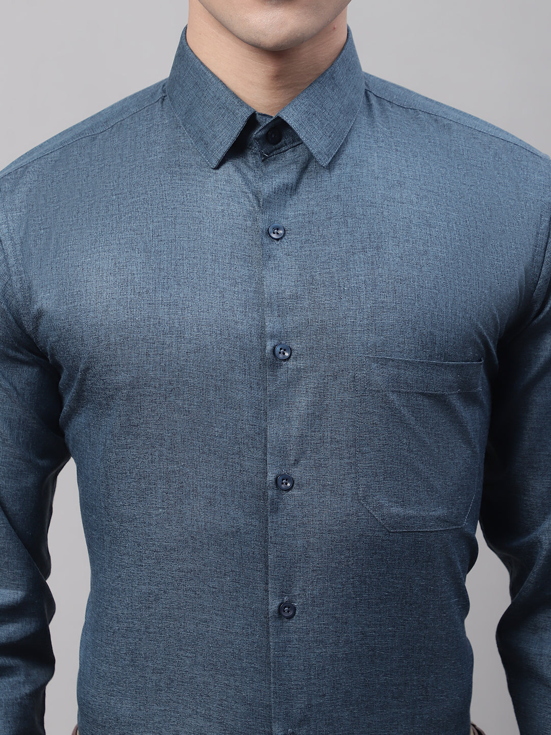 Jainish Men's Teal Blue Cotton Solid Formal Shirt