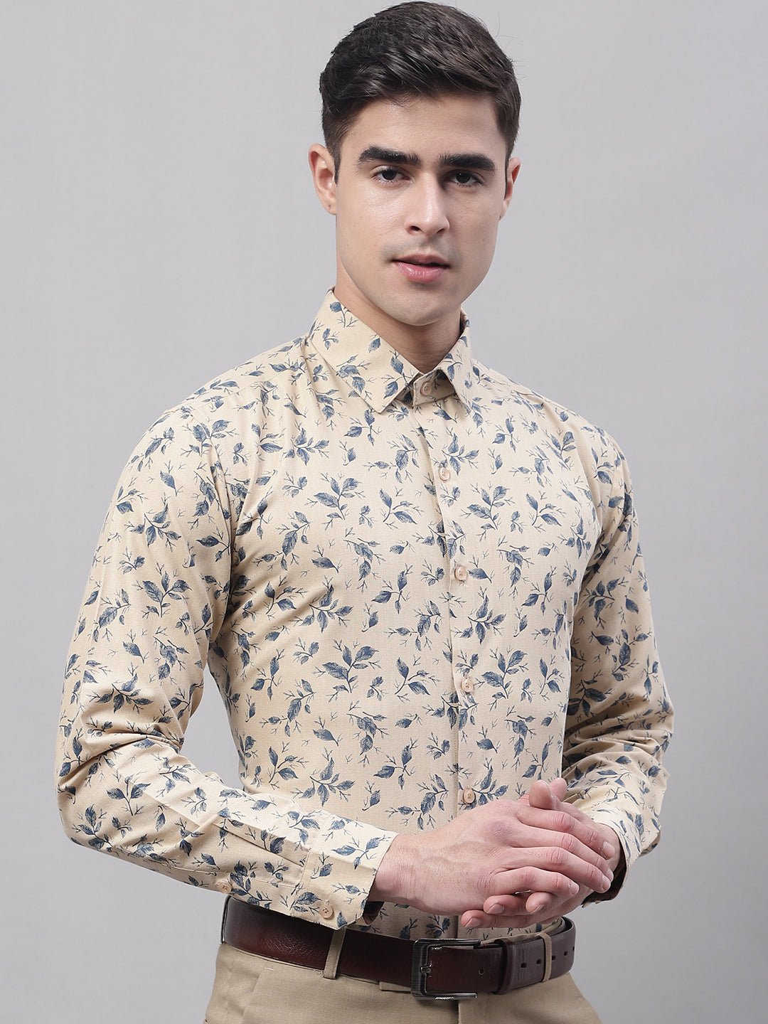 Jainish Men's Beige Regular Fit Printed Pure Cotton Formal Shirt