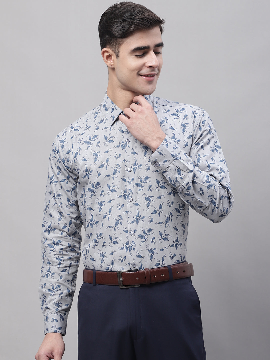 Jainish Men's Grey Regular Fit Printed Pure Cotton Formal Shirt