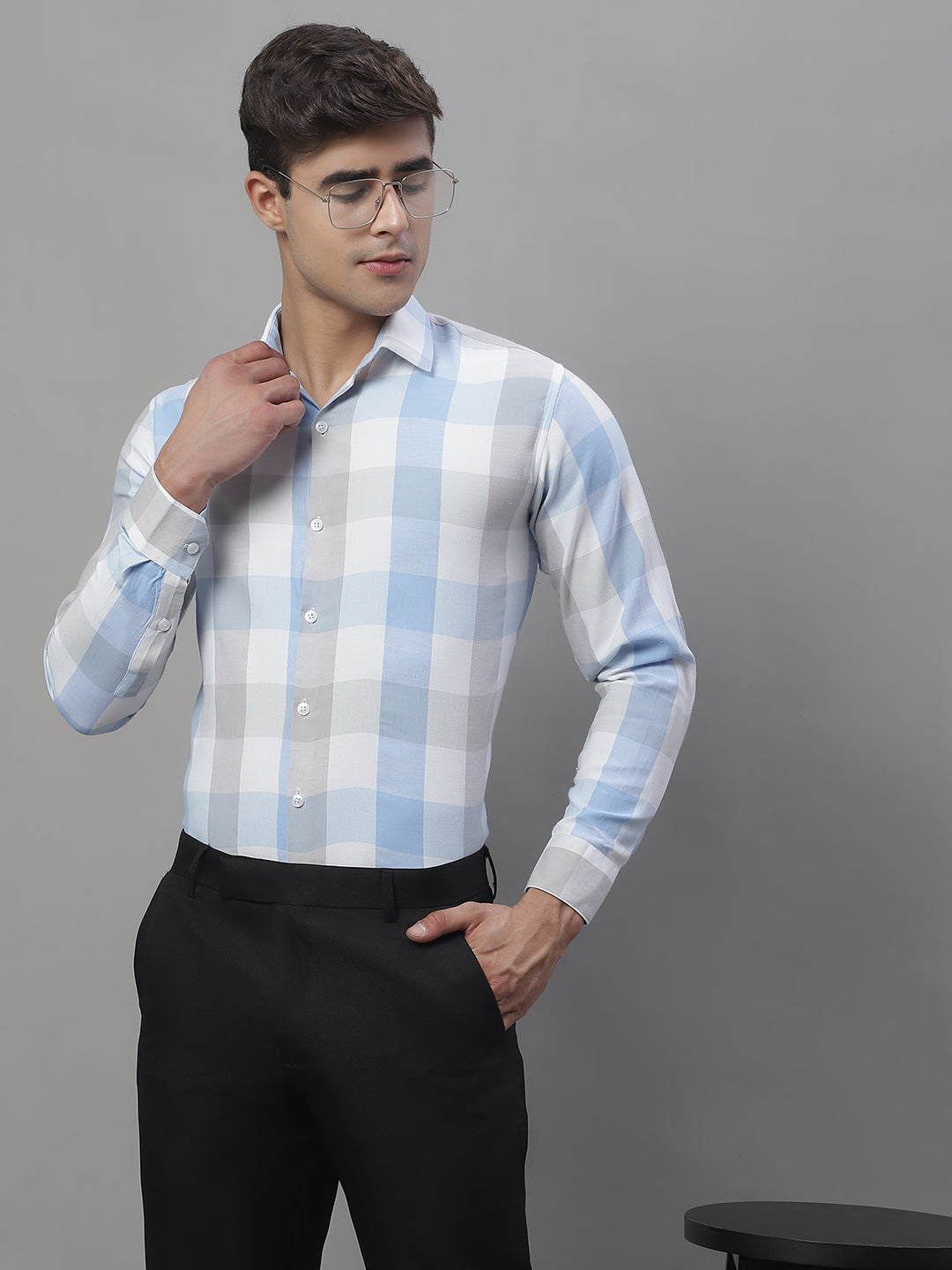Jainish Men's Pure Cotton Checked Formal Shirts - Blue