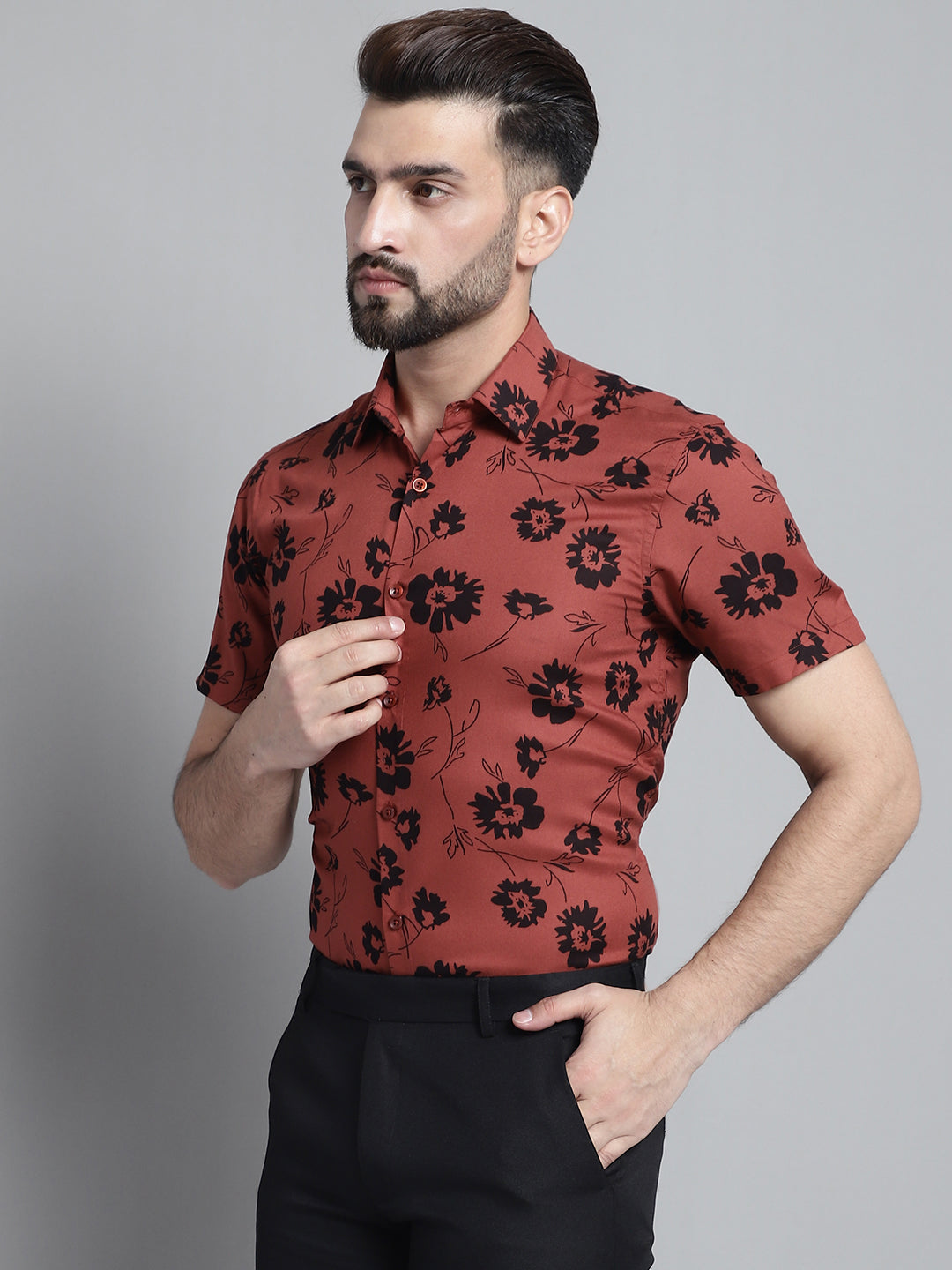 Jainish Men's Floral Printed Formal Shirt - Rust