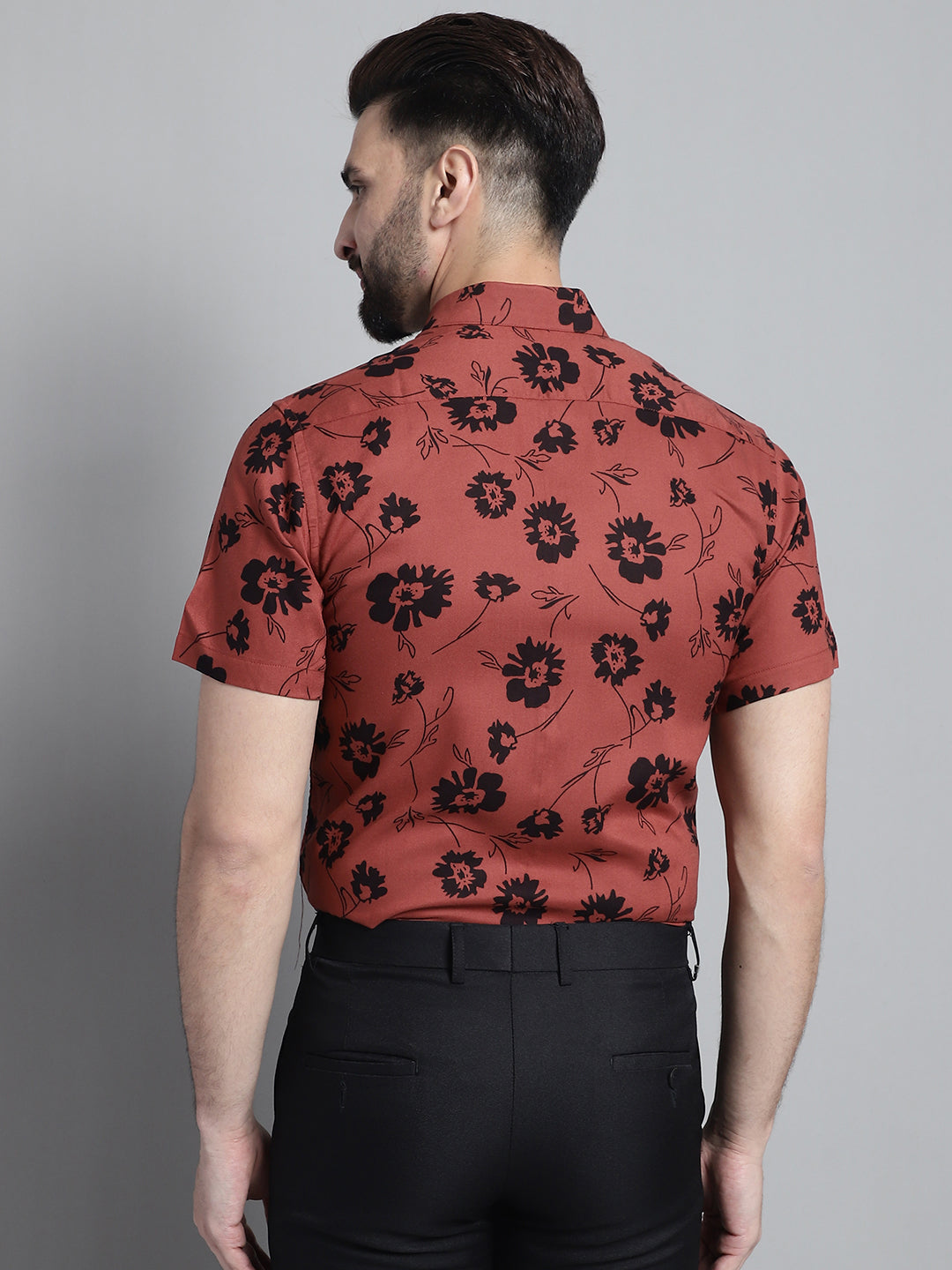 Jainish Men's Floral Printed Formal Shirt - Rust