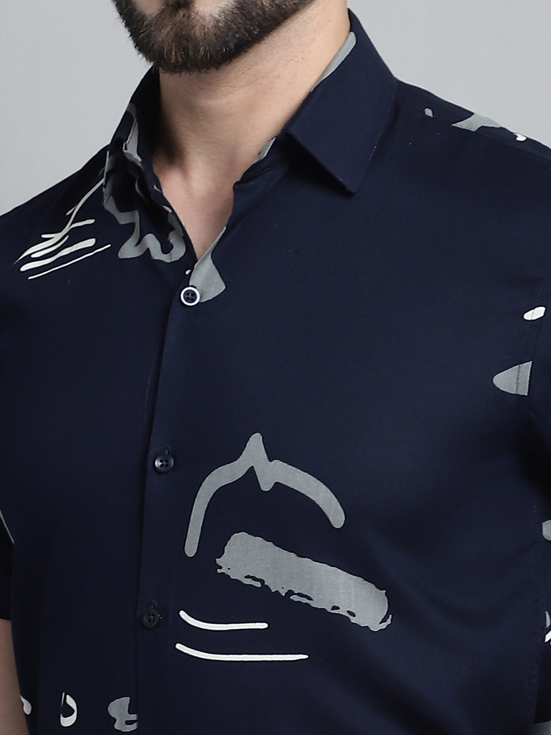 Jainish Men's Printed Formal Shirt - Navy Blue