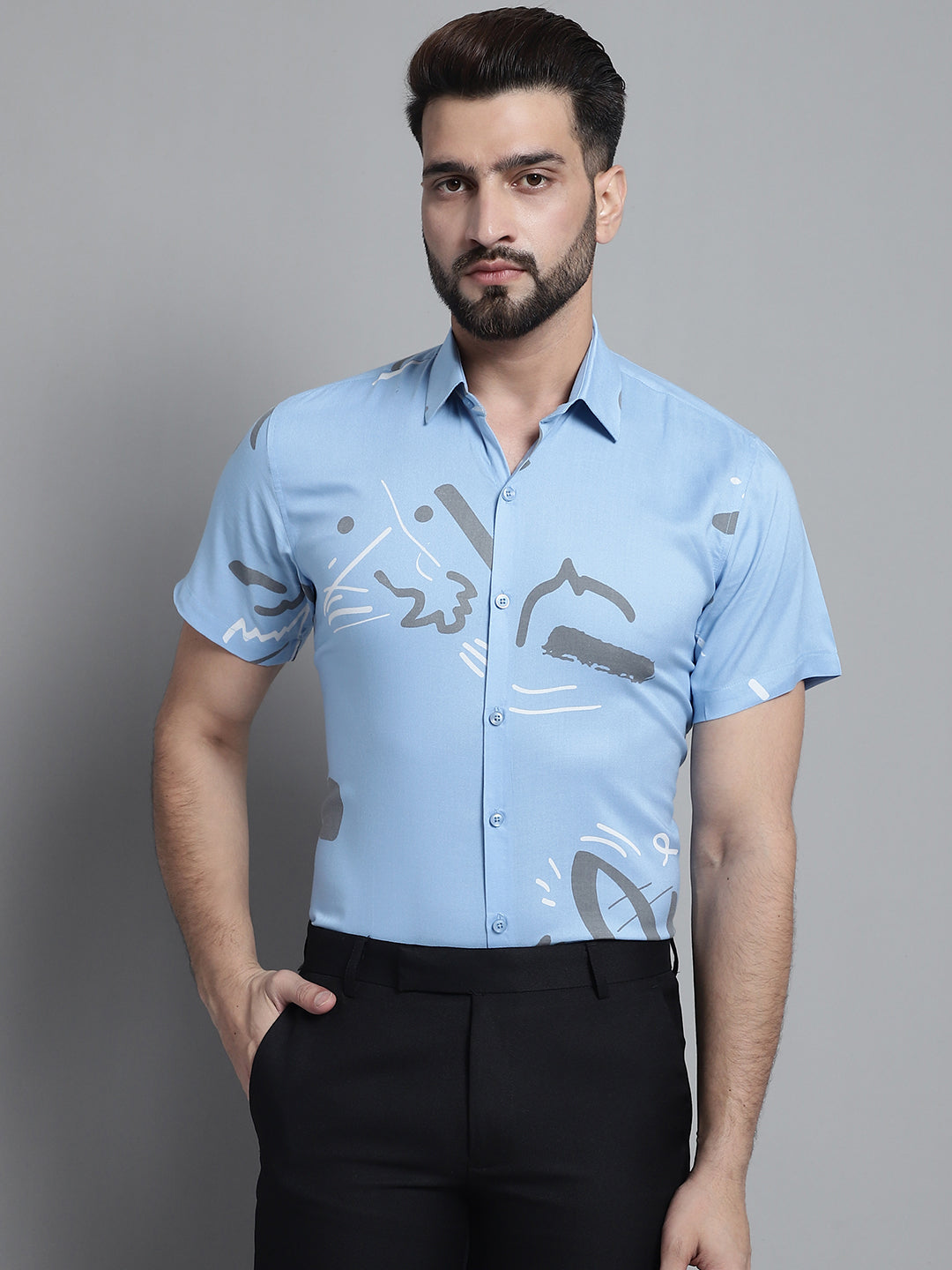 Jainish Men's Printed Formal Shirt - Sky Blue