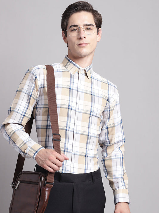 Jainish Men's Yellow Checked Ragular Fit Formal Shirt - Cream