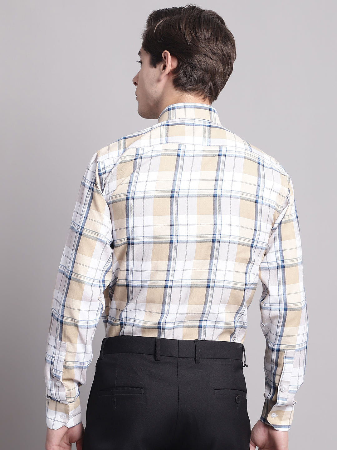 Jainish Men's Yellow Checked Ragular Fit Formal Shirt - Cream