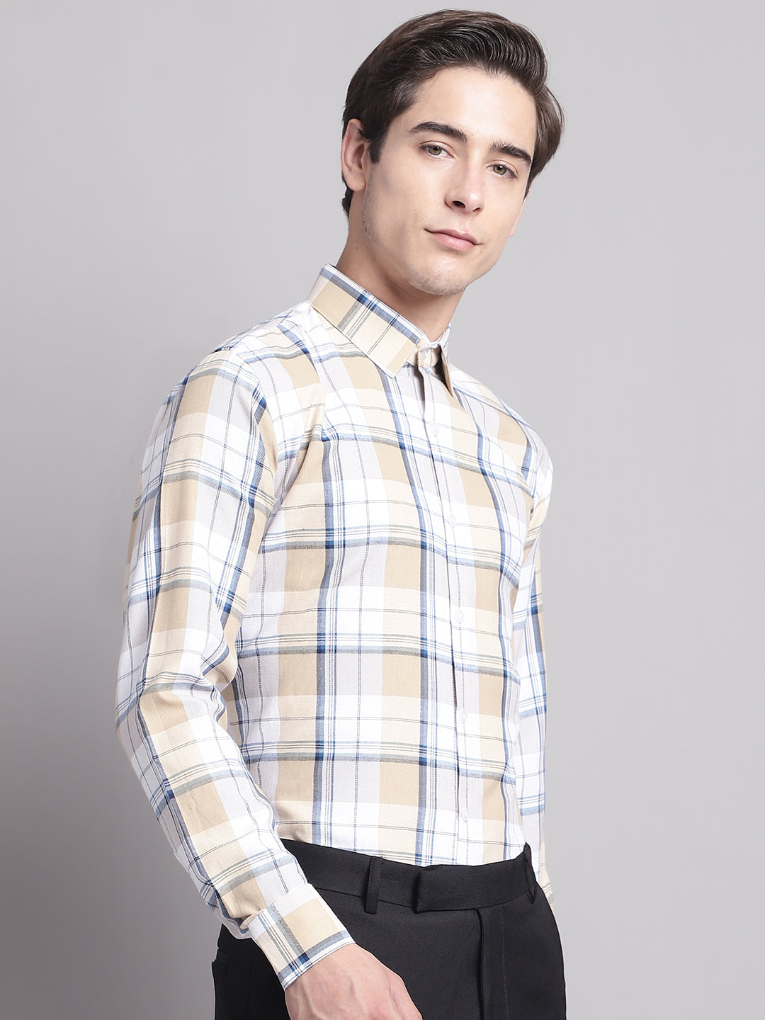 Jainish Men's Yellow Checked Ragular Fit Formal Shirt - Cream