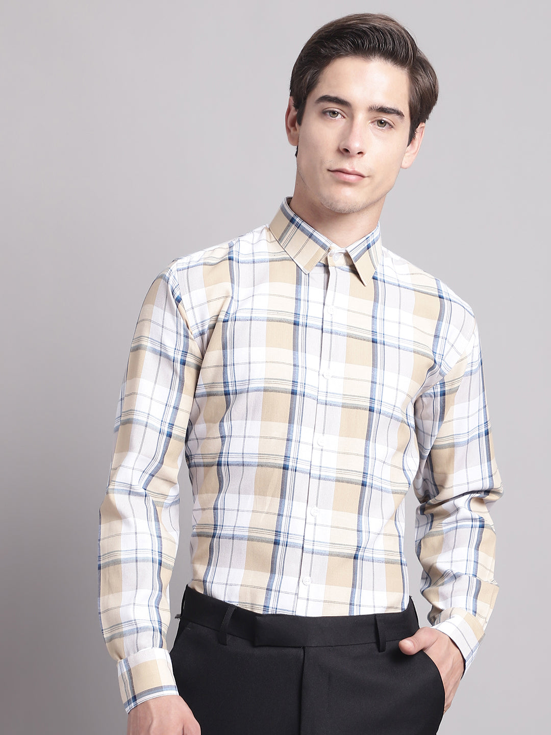 Jainish Men's Yellow Checked Ragular Fit Formal Shirt - Cream